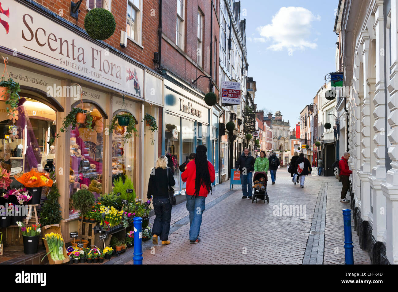 Shops on Sadler Gate in the city centre, Derby, Derbyshire, East