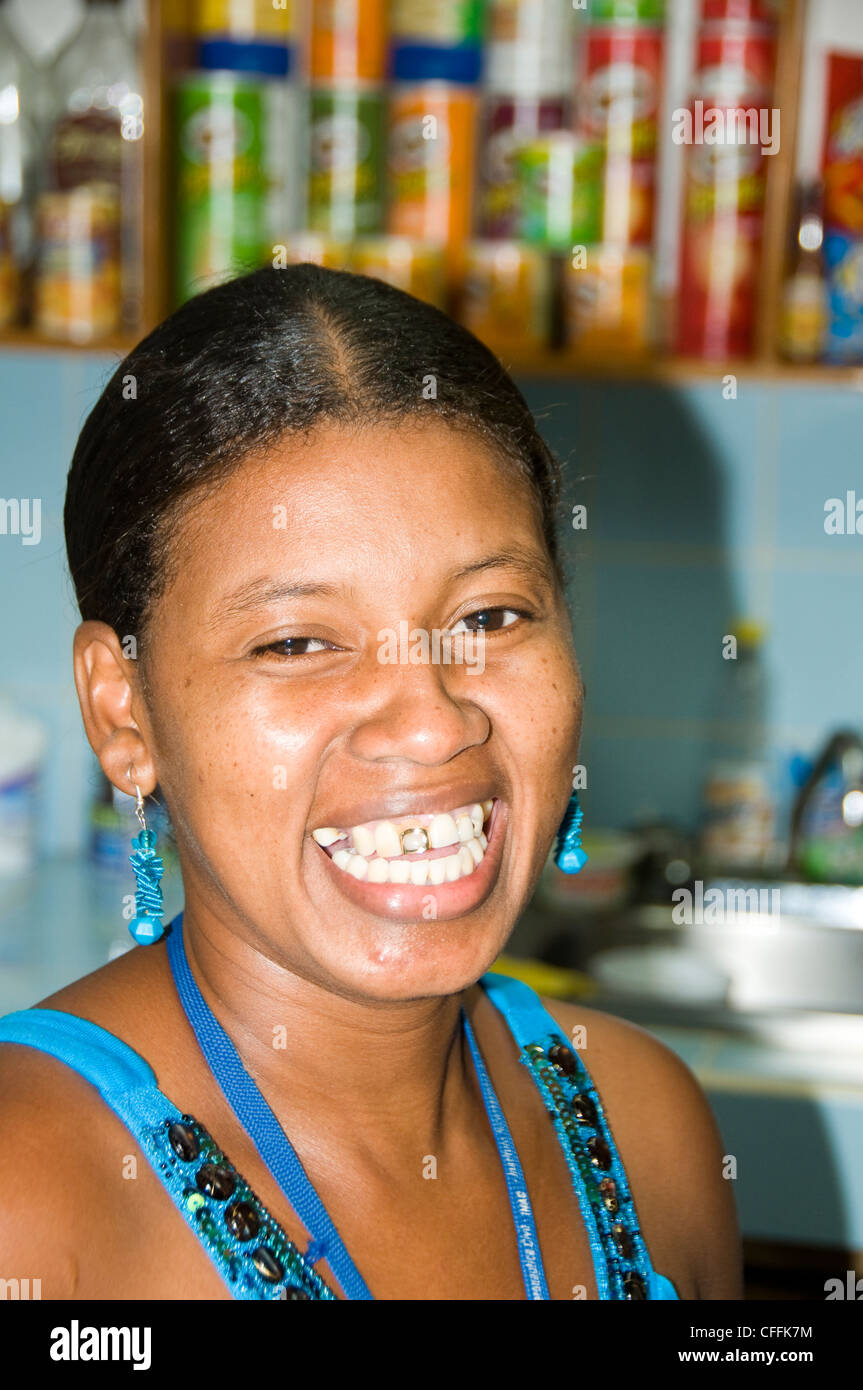 cosmetic decorative gold tooth portrait native black Hispanic Latin woman Corn Island Nicaragua Central America Stock Photo