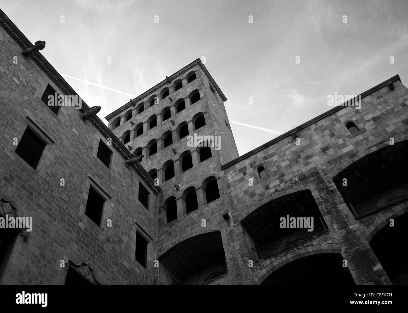 Ancient building in Barcelona old city center in black and white. Stock Photo