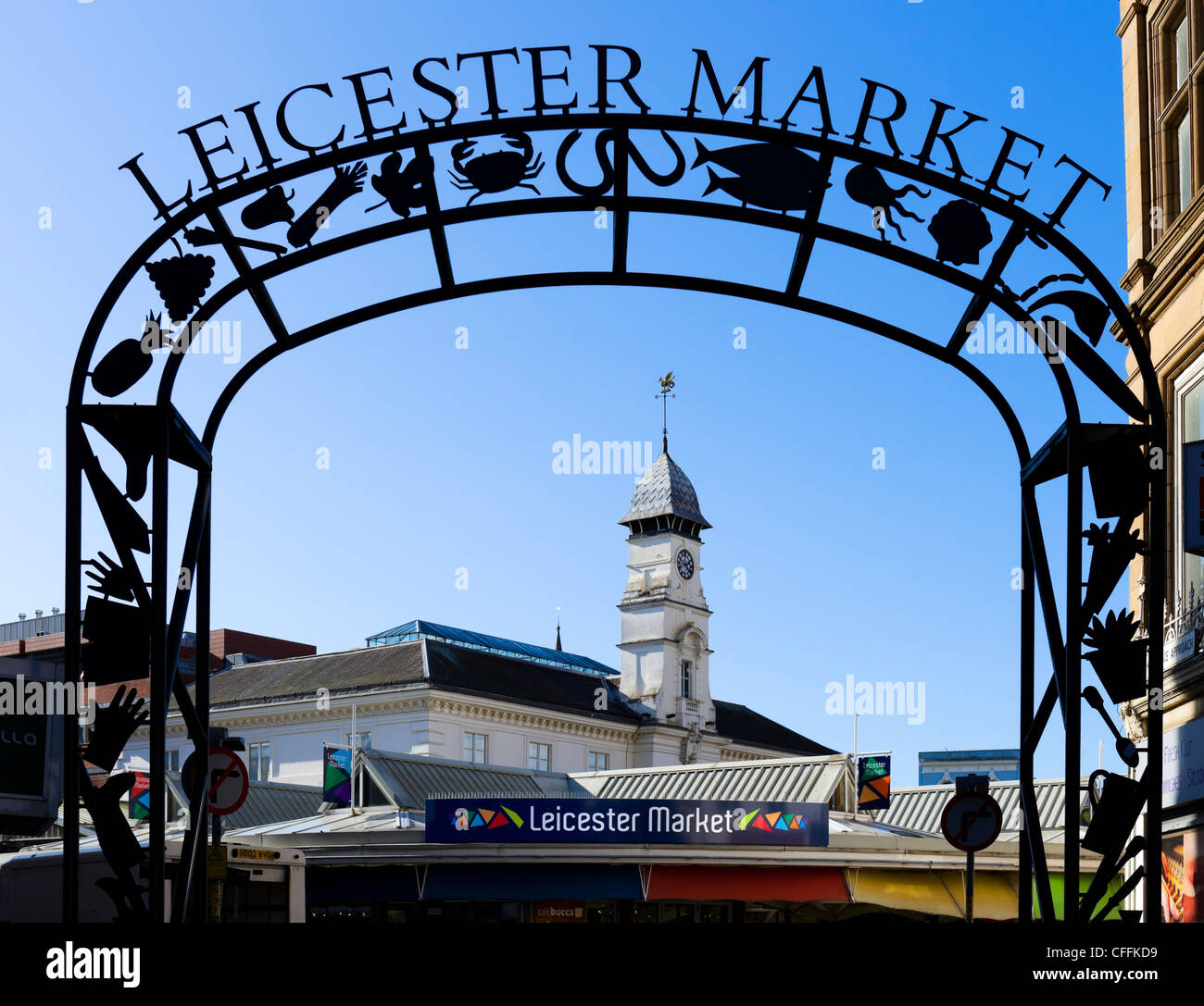 Entrance to Leicester Market in the city centre with clocktower of Corn Exchange behind, Leicester, Leicestershire, England, UK Stock Photo