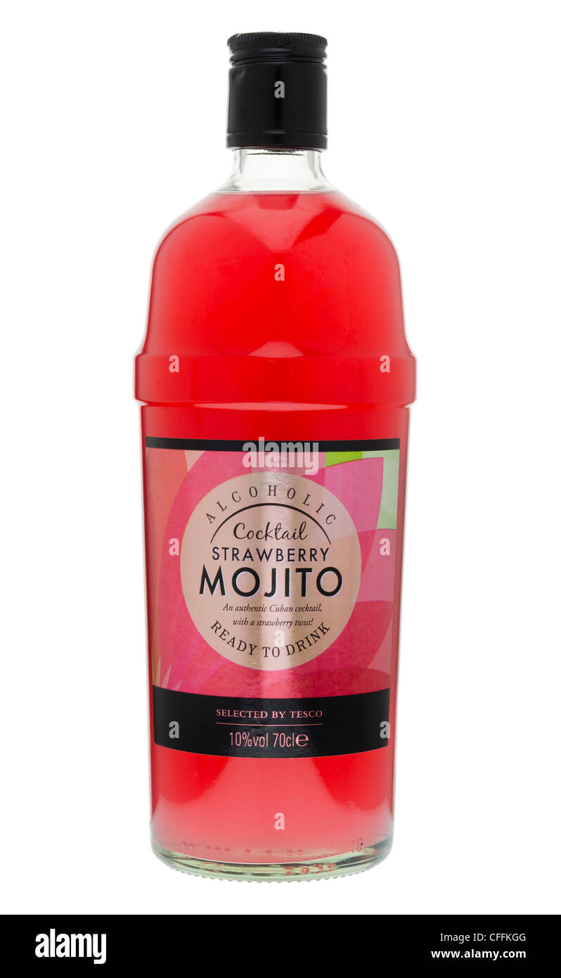 Bottle of Strawberry Mojito Cocktail. Stock Photo