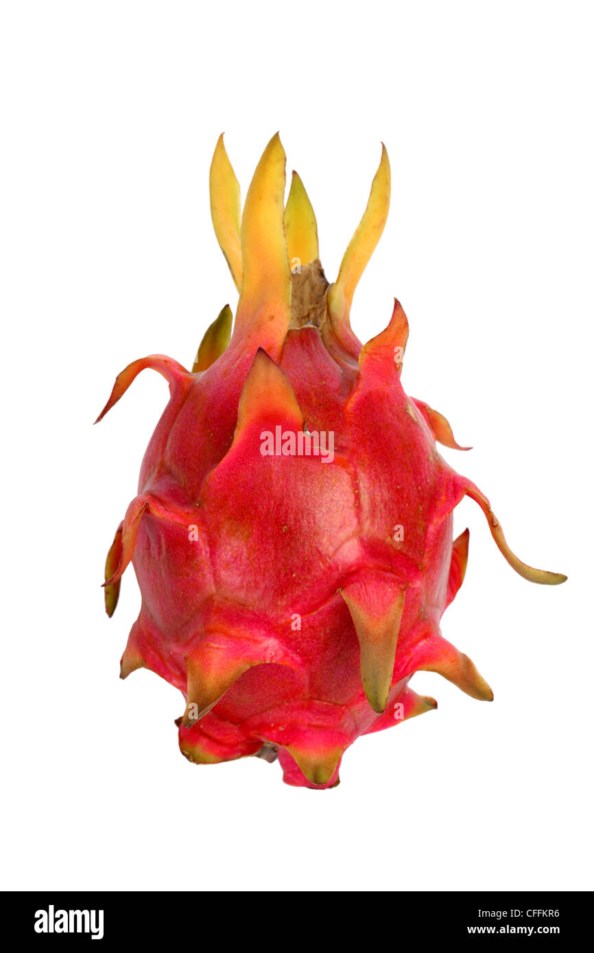 Whole Dragonfruit cut out on white background Stock Photo