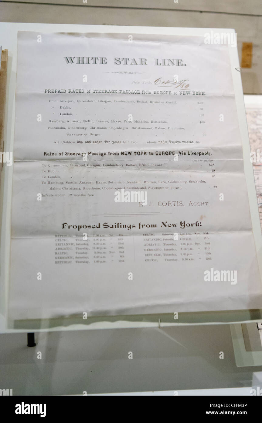 White Star Line steerage ticket prices and timetable for Titanic on display at the Titanica Exhibition, Belfast Stock Photo