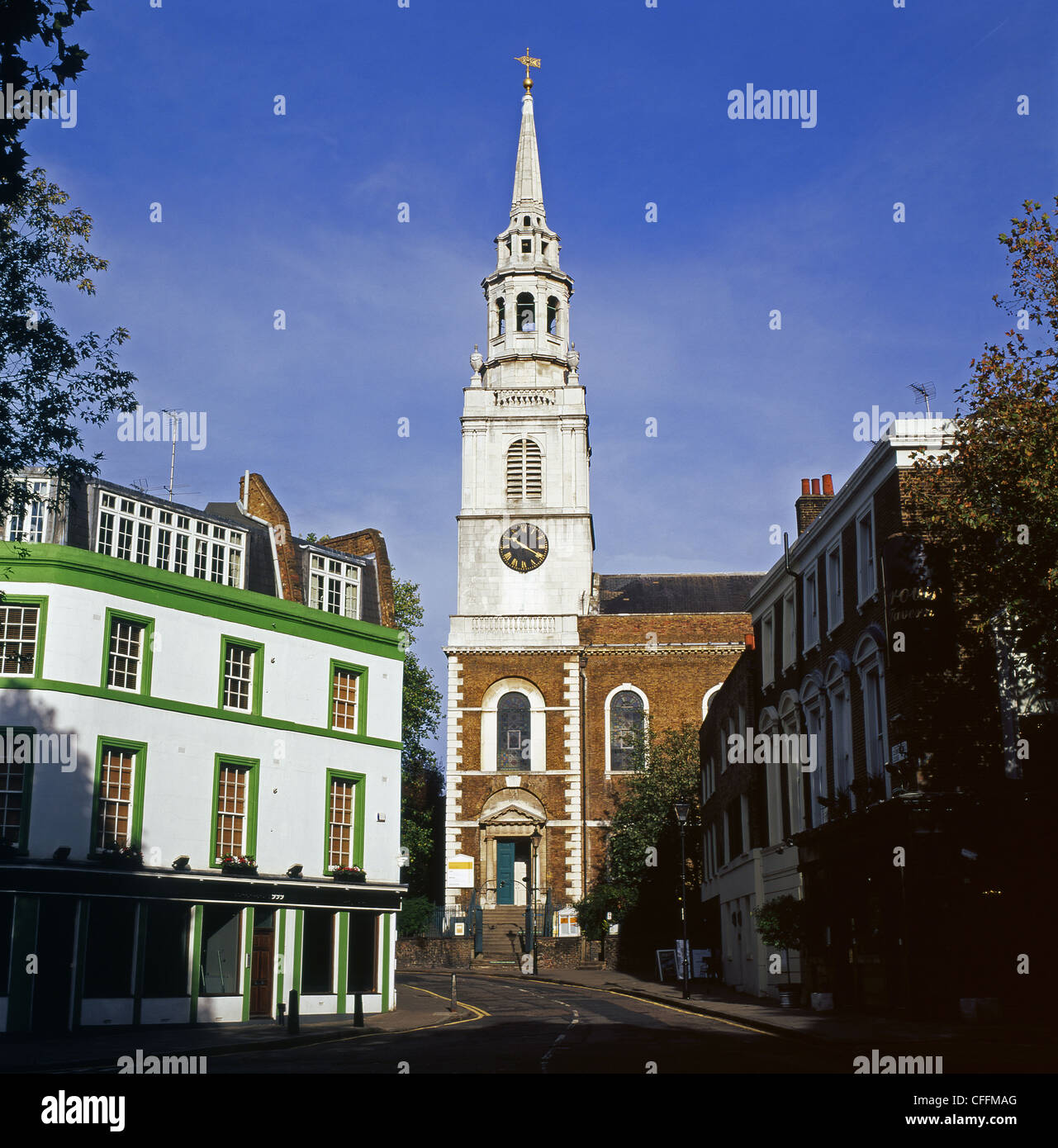 A view of St. James's Church with blue sky in Clerkenwell Green, Clerkenwell London EC1 England Great Britain  KATHY DEWITT Stock Photo