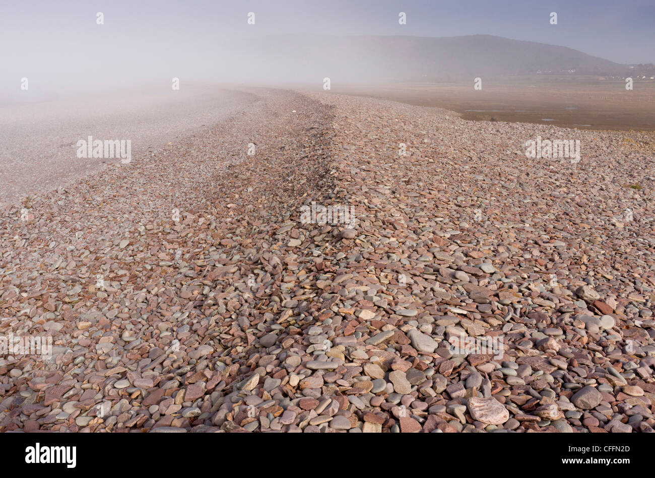 Shingle bank at Porlock Bay, spreading inland as sea levels rise - managed retreat. Exmoor, Somerset. Stock Photo