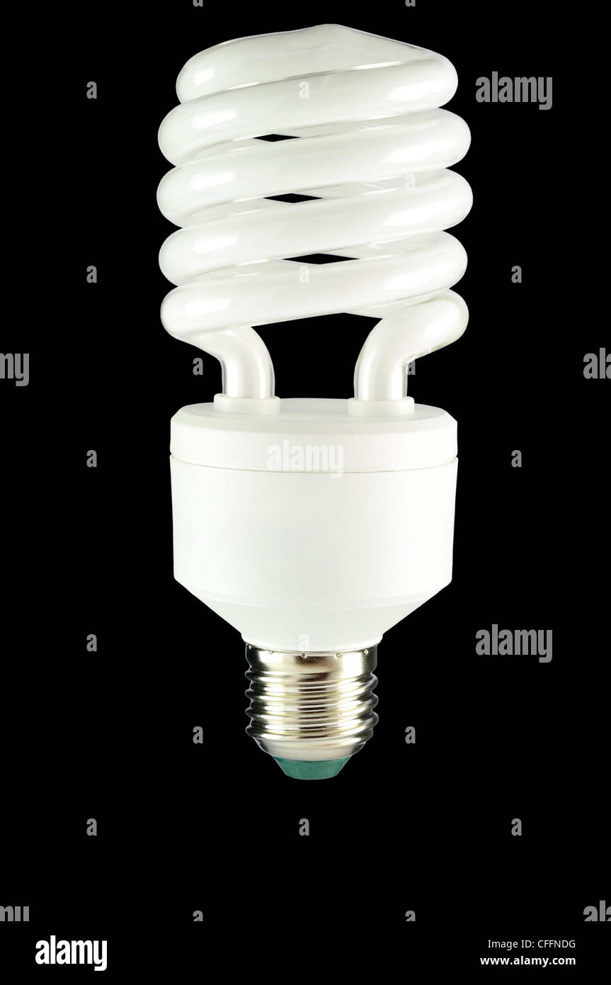 Energy saving light bulb on black background Stock Photo - Alamy