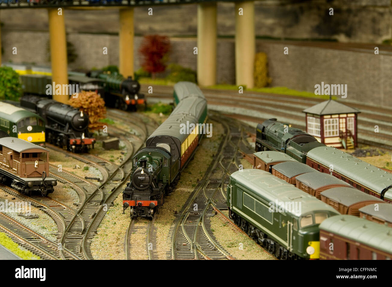 Model Railway Layout showing various trains and models Stock Photo