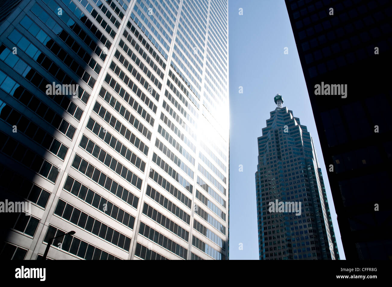 The CIBC Bank skyscraper reflecting the sun, with the TD office tower in the background, in the financial district of Toronto, Ontario, Canada. Stock Photo