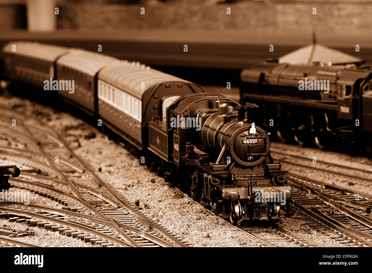 Model Railway Layout showing various trains and models Stock Photo