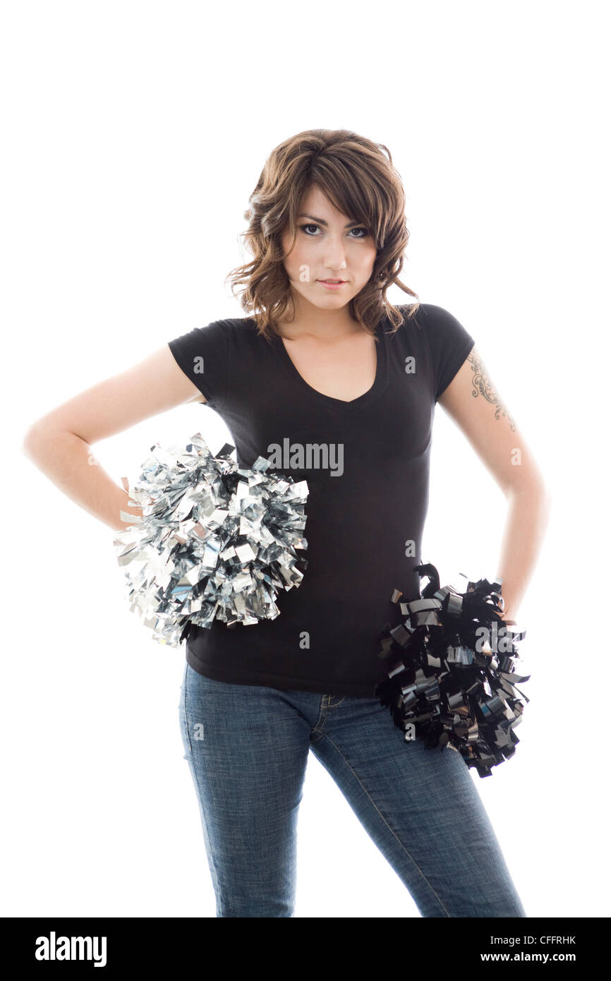 Attractive Young Woman Posing With Cheerleader Pom Poms Stock Image Attractive Young Woman Posing With Cheerleader Pom Poms Stock Image