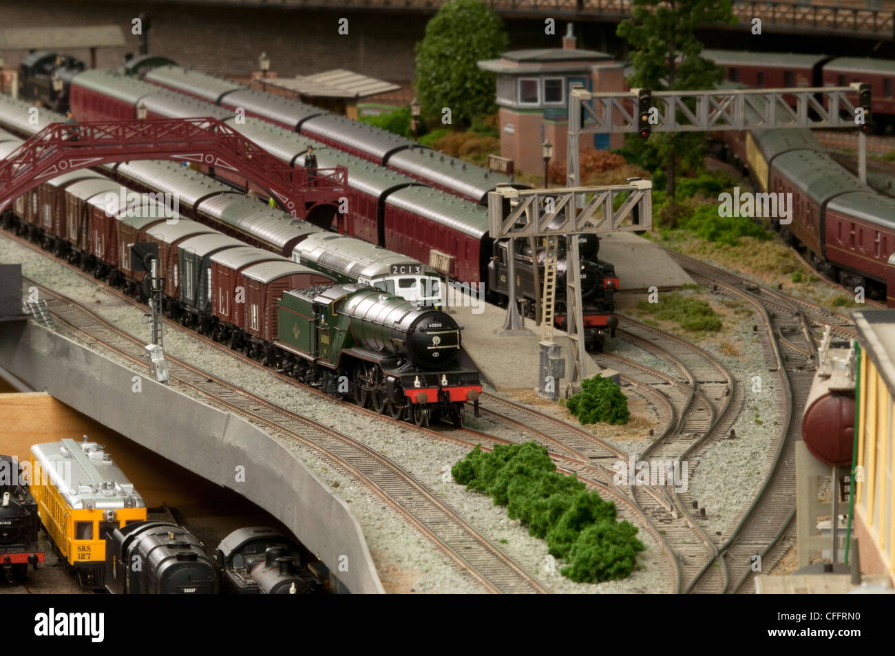Model Railway Layout showing various trains and models Stock Photo Alamy