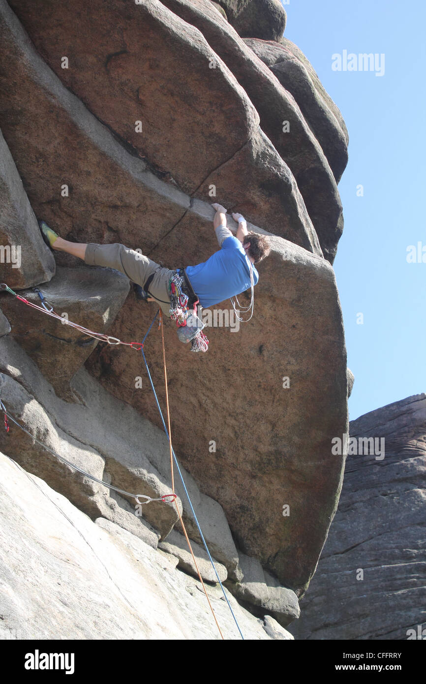 Climbing Flying Buttress Overhang at Stanage Edge Stock Photo