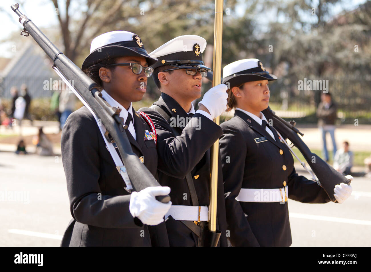 African-American Jr. ROTC group marching Stock Photo