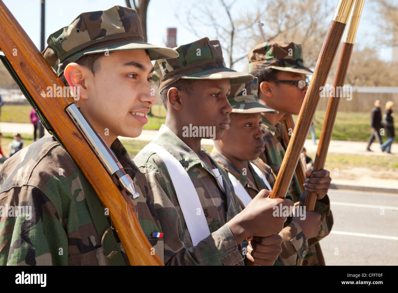 African-American Junior ROTC members marching Stock Photo