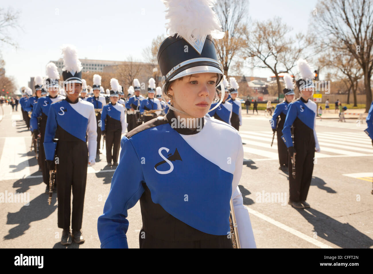 High school marching band members standing at attention Stock Photo Alamy