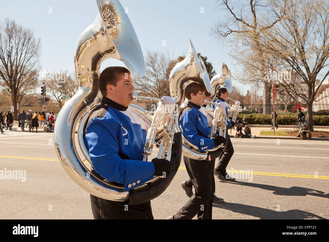Sousaphone section of high school marching band - USA Stock Photo