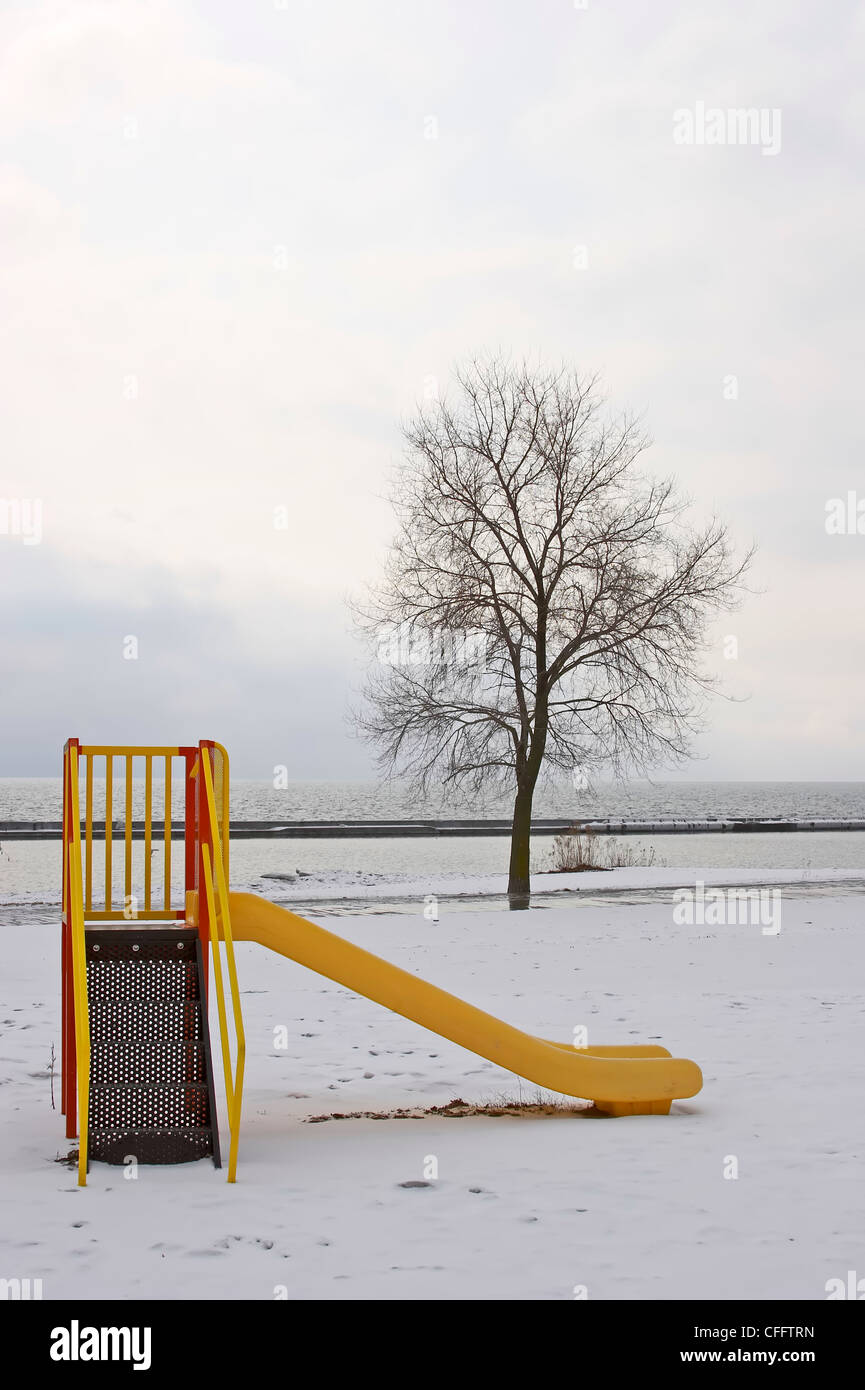 Slide in Snow, Sunnyside Beach, Toronto, Ontario Stock Photo