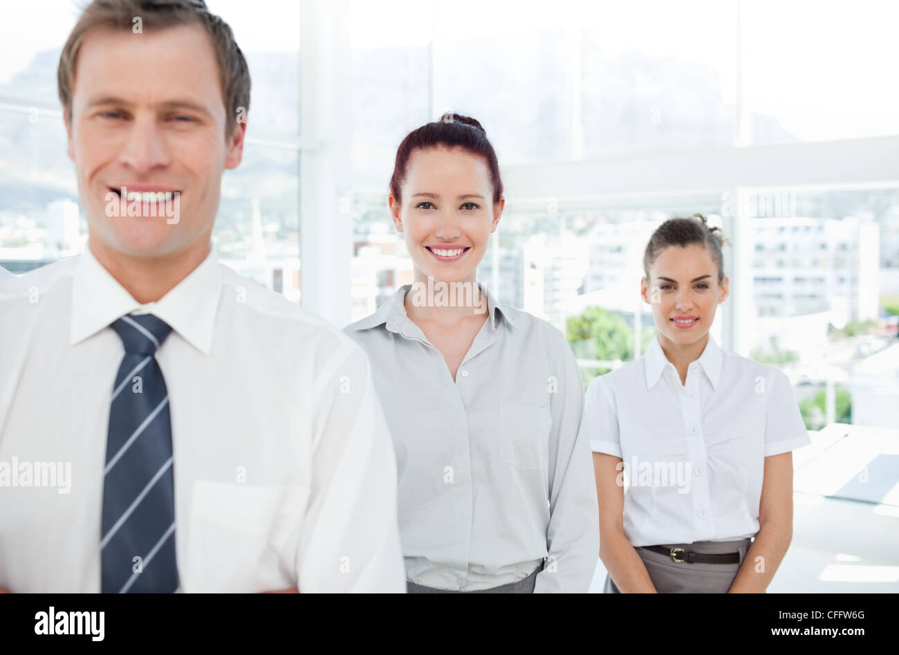 Smiling tradesteam standing in a line Stock Photo