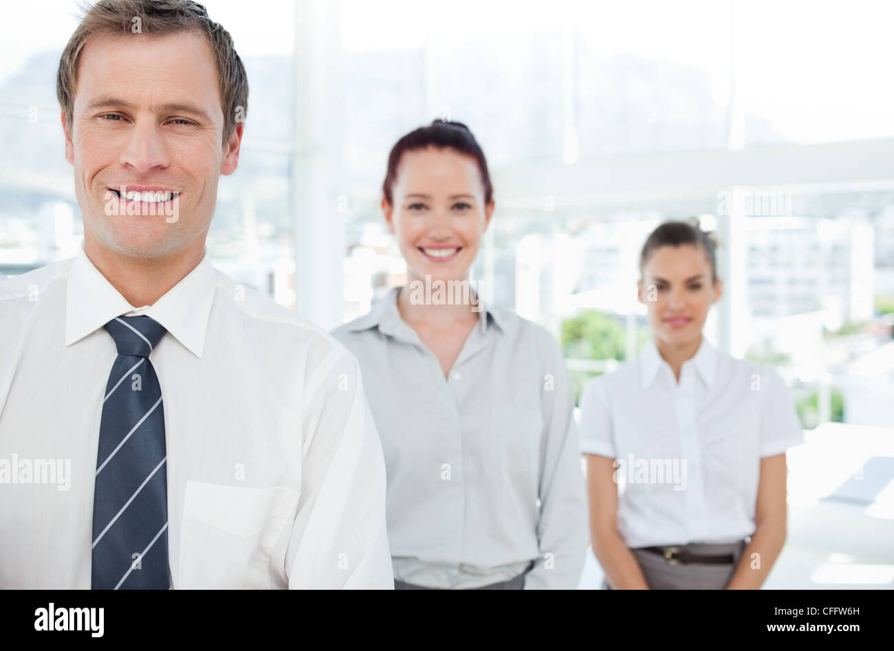 Smiling tradespeople standing in a row Stock Photo