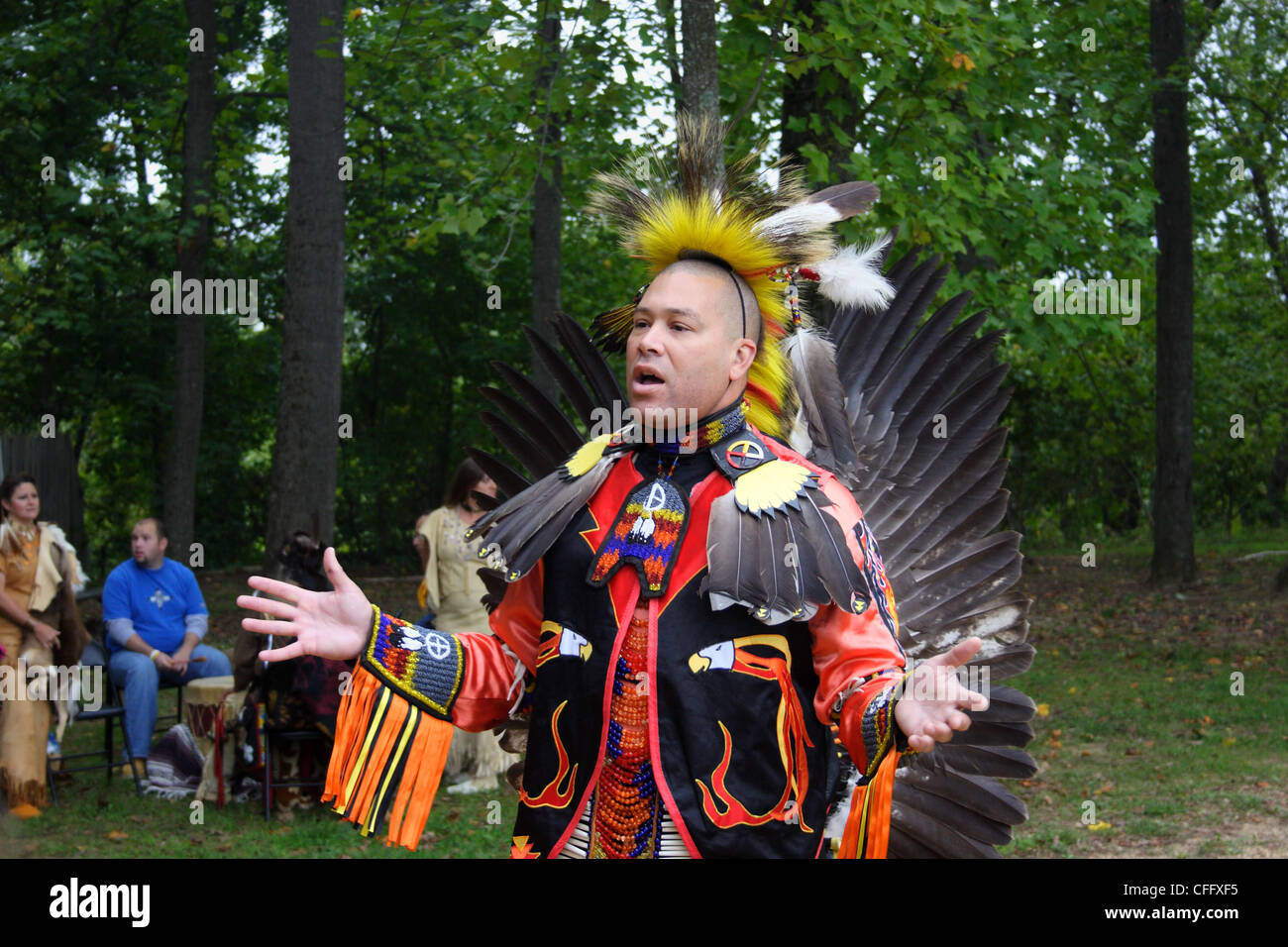 Native American man discusses the meaning of traditional dances in American Indian culture at Publick Days event in Chester, VA Stock Photo