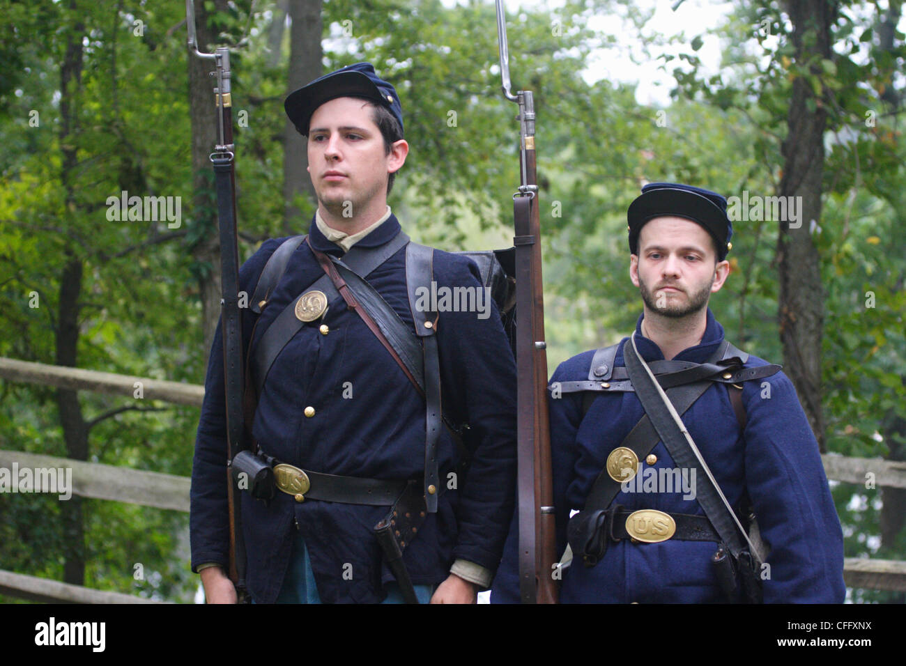Civil War re-enactors as Union soldiers at Dutch Gap in Chester, Virginia. The American Civil war lasted from 1861-1865. Stock Photo