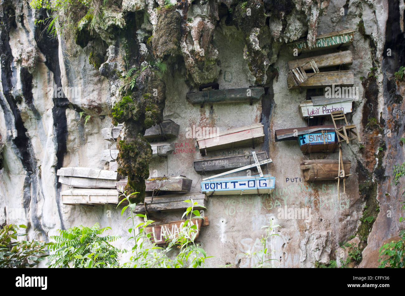 a close look of hanging coffins in Sagada, Philippines. A unique way of rituals in Asia. Stock Photo