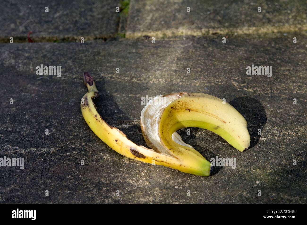 Discarded banana skin left on path taken in Bristol, United Kingdom Stock Photo