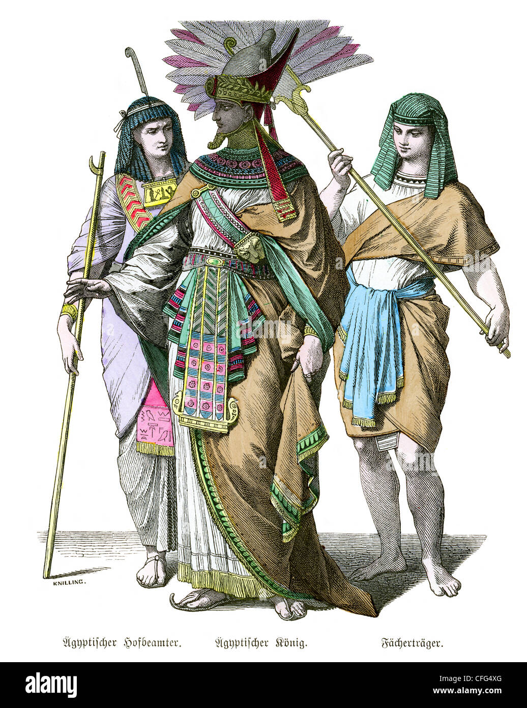 An ancient Egyptian pharaoh with court official and fan bearer Stock Photo