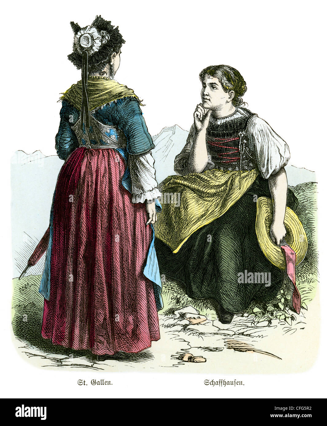 A couple of women in the traditional costume of Switzerland of the 19th Century. St Gallen and Schaffahausen. Stock Photo