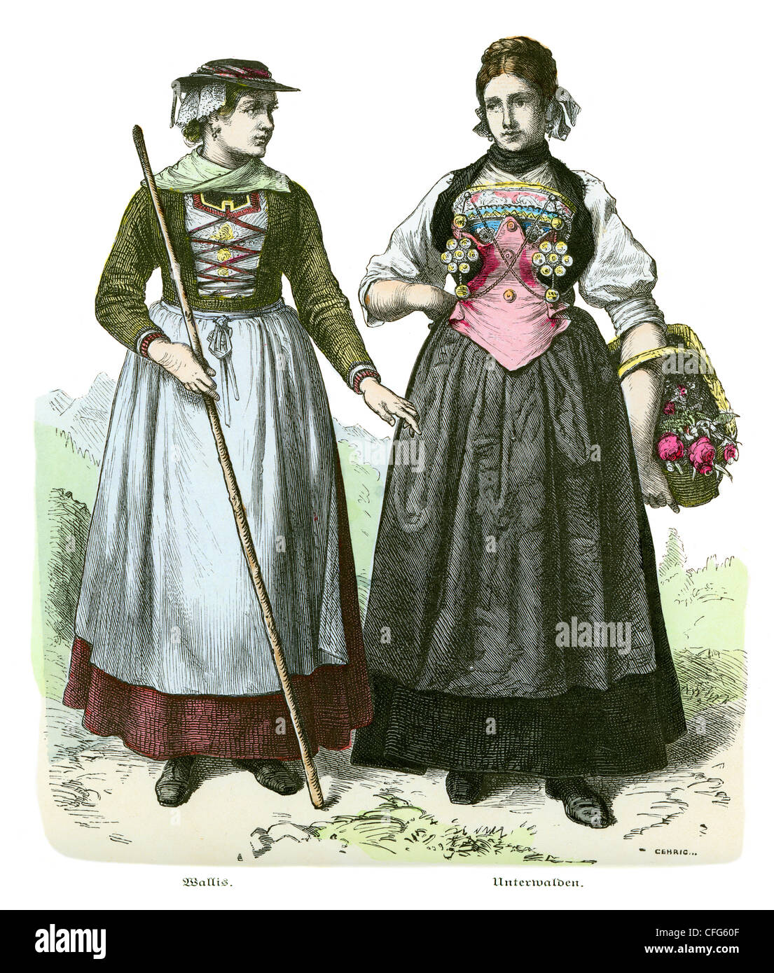 A couple of women in the traditional costume of Switzerland of the 19th Century. Wallis and Unterwalden. Stock Photo