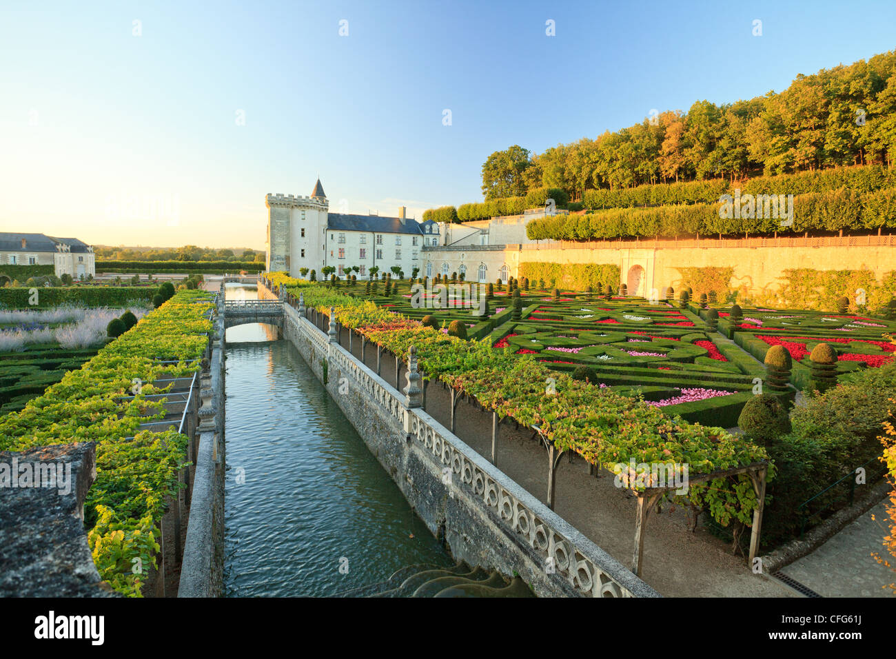 France, Gardens of the Chateau de Villandry, the channel. Stock Photo