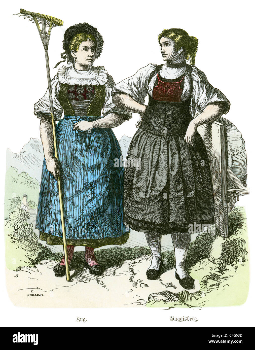 A couple of women in the traditional costume of Switzerland of the 19th Century. Zug and Guggisberg. Stock Photo