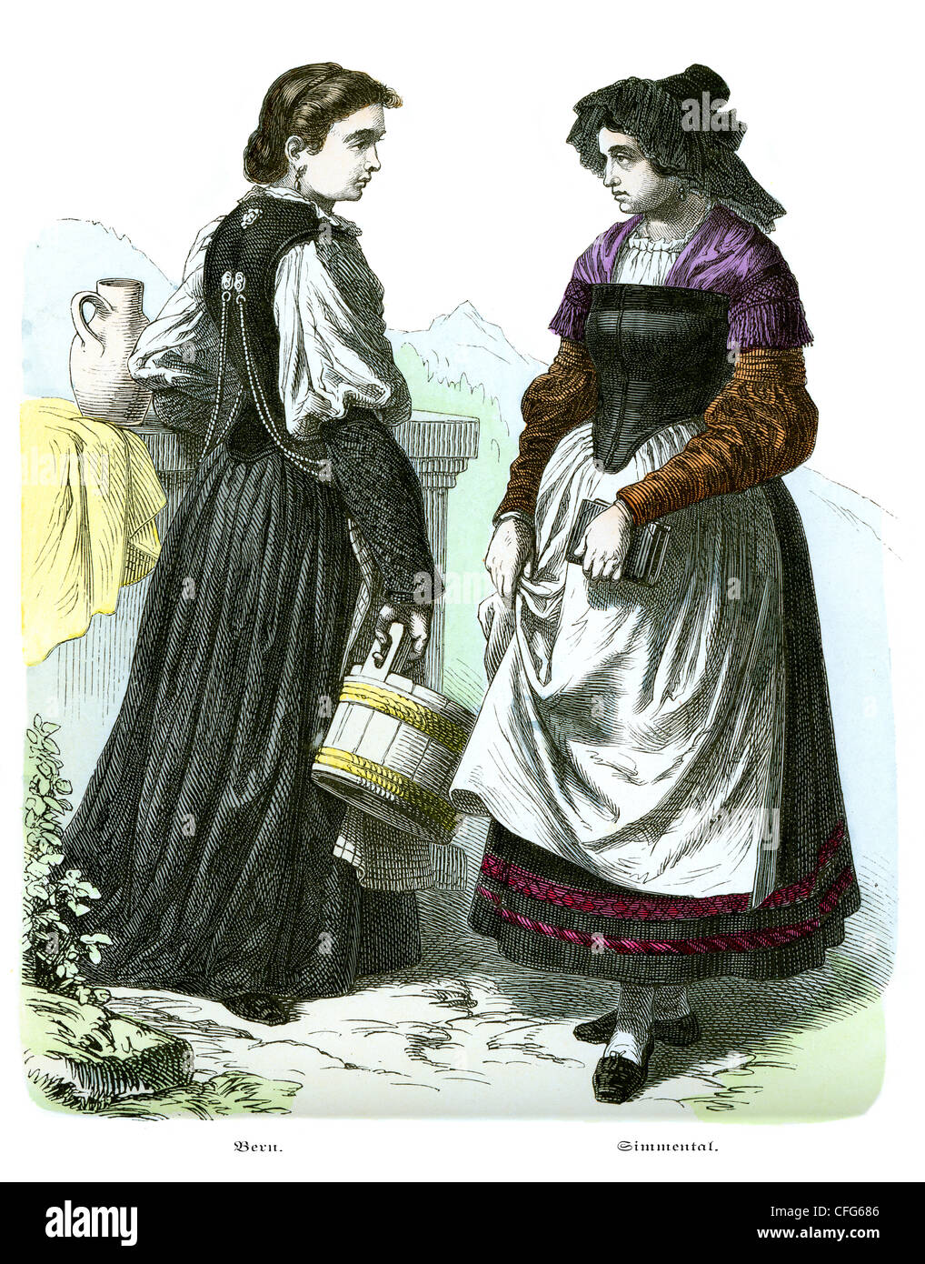 A couple of women in the traditional costume of Switzerland of the 19th Century. Bern and Simmental. Stock Photo