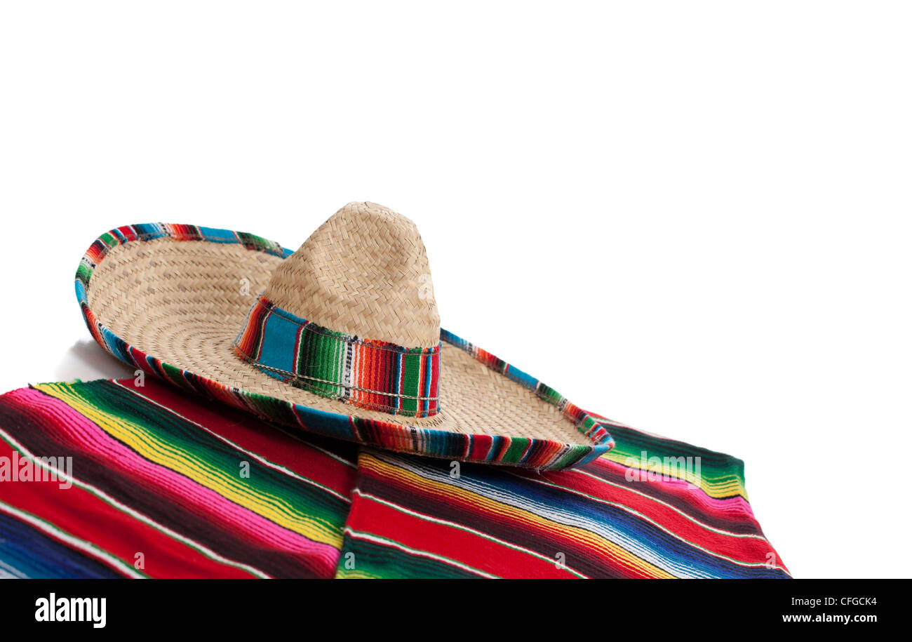 Mexican Serape and a sombrero on a white background Stock Photo