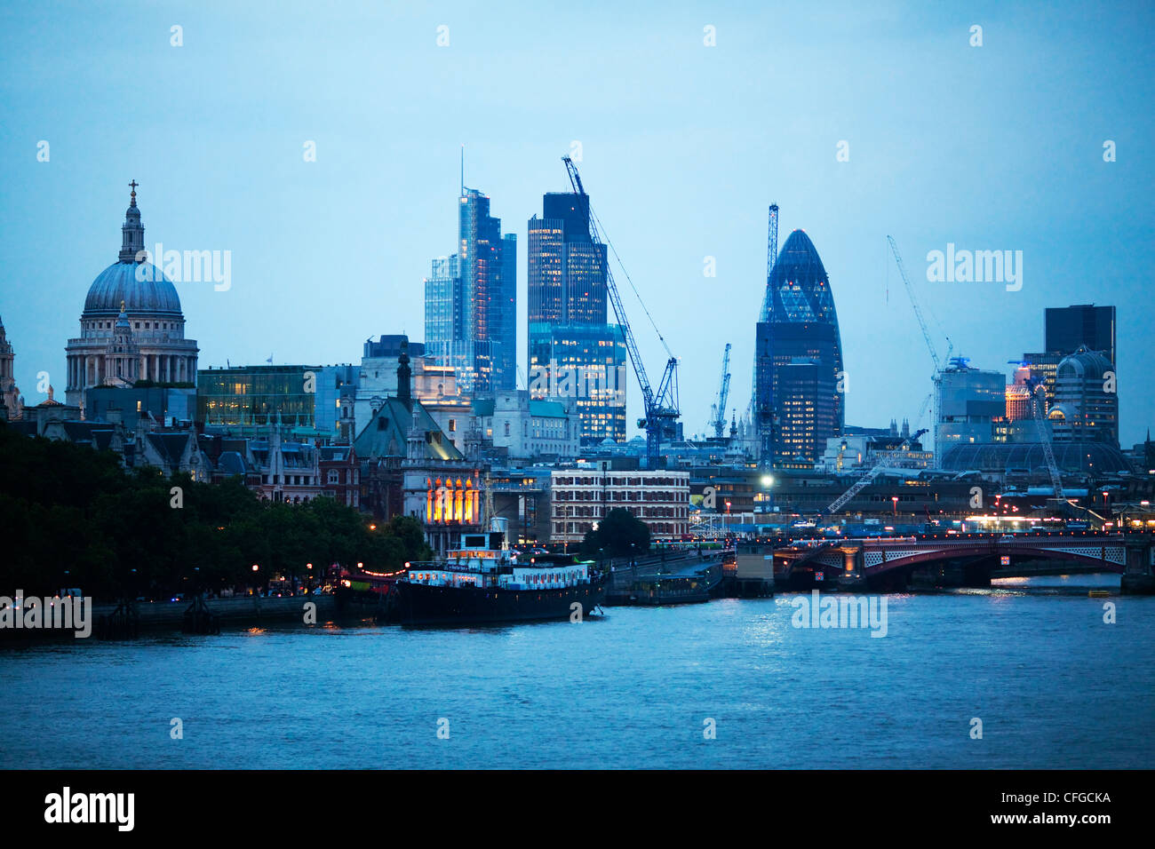 London skyline St. Paul's, Gherkin and Waterloo Bridge, United Kingdom Stock Photo