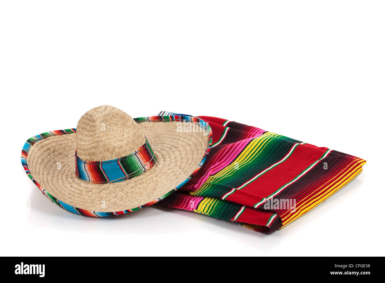 Mexican Serape and a sombrero on a white background Stock Photo