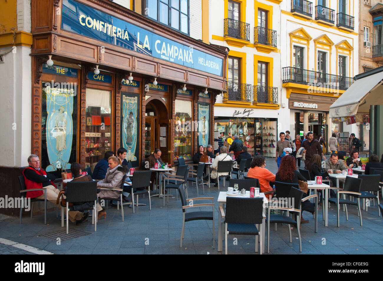 Confiteria La Campana cafe along Calle Imagen street central Seville Andalusia Spain Stock Photo