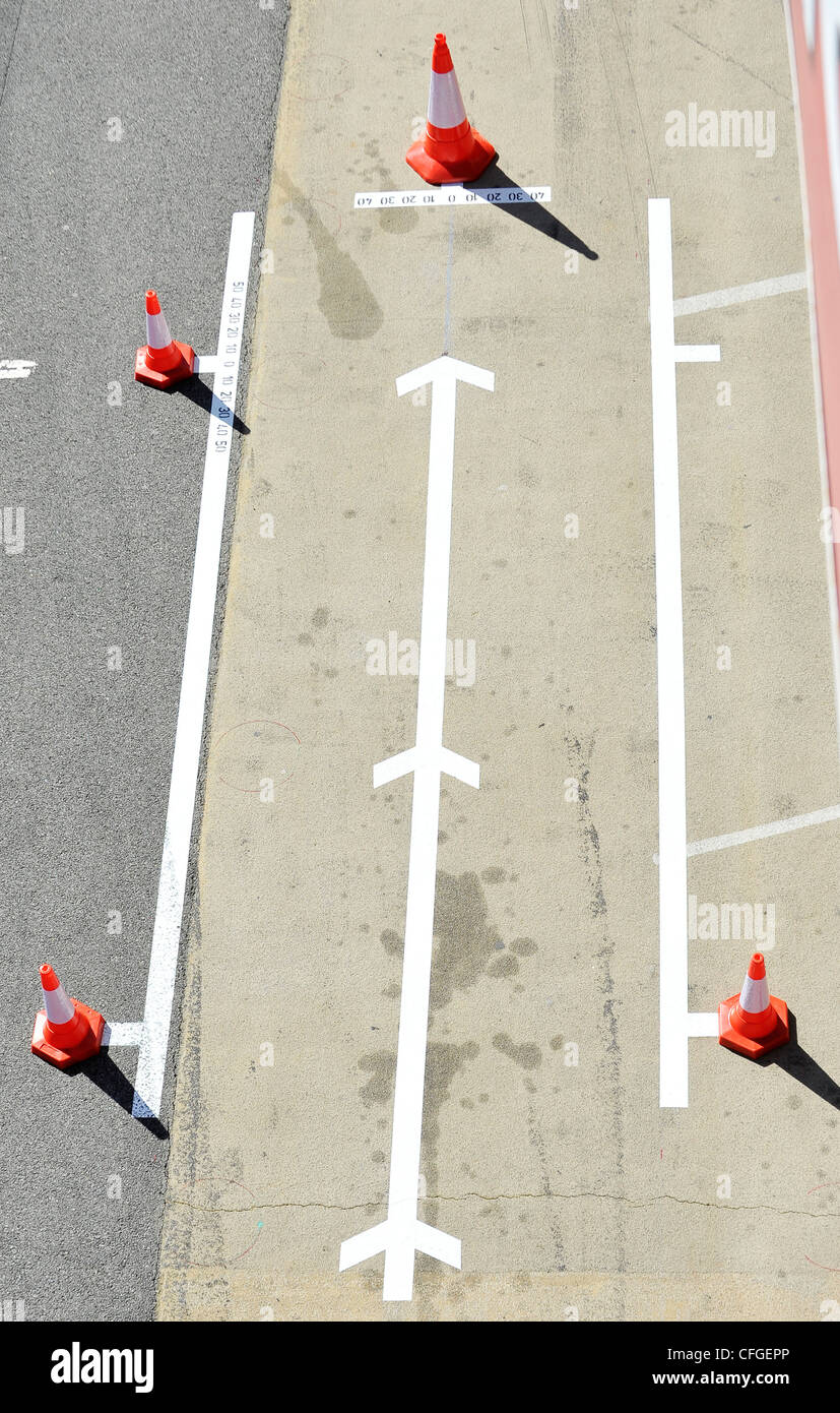 markers on the pit-lane pavement during Formula One testing sessions on Circuito Catalunya, Spain Stock Photo