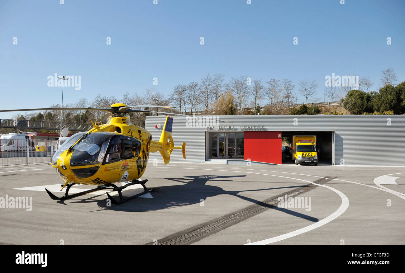 race track hospital of Circuit de Catalunya in Spain with helicopter and ambulance Stock Photo