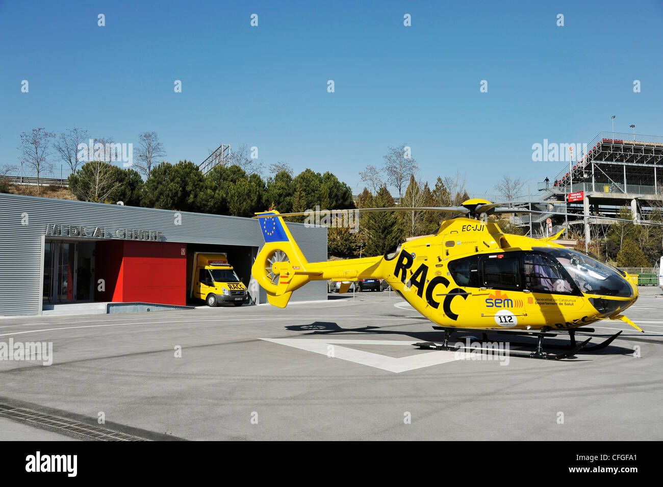 race track hospital of Circuit de Catalunya in Spain with helicopter and ambulance Stock Photo