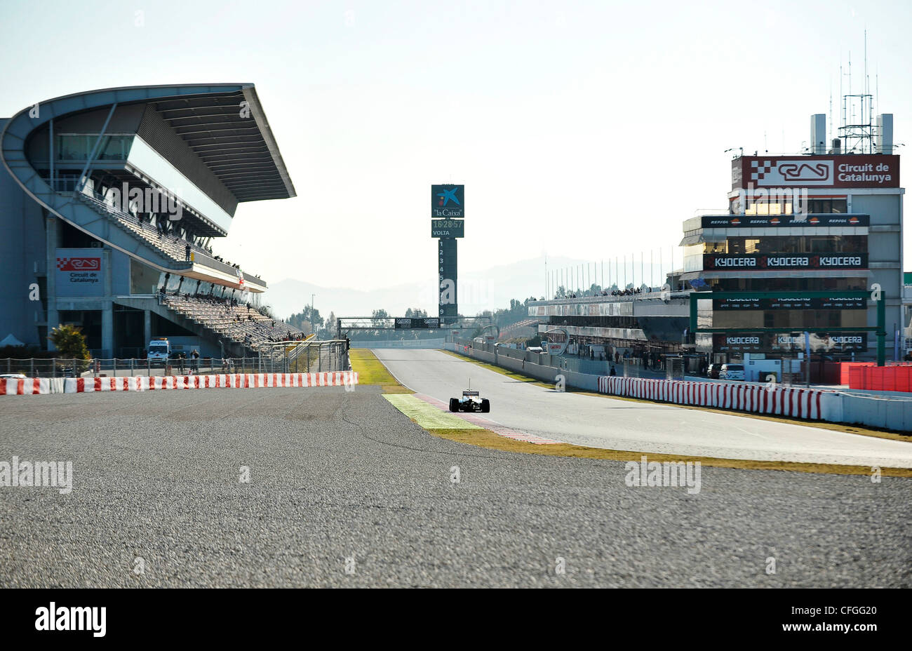 car on starting straight during Formula One testing sessions on Circuito Catalunya, Spain Stock Photo