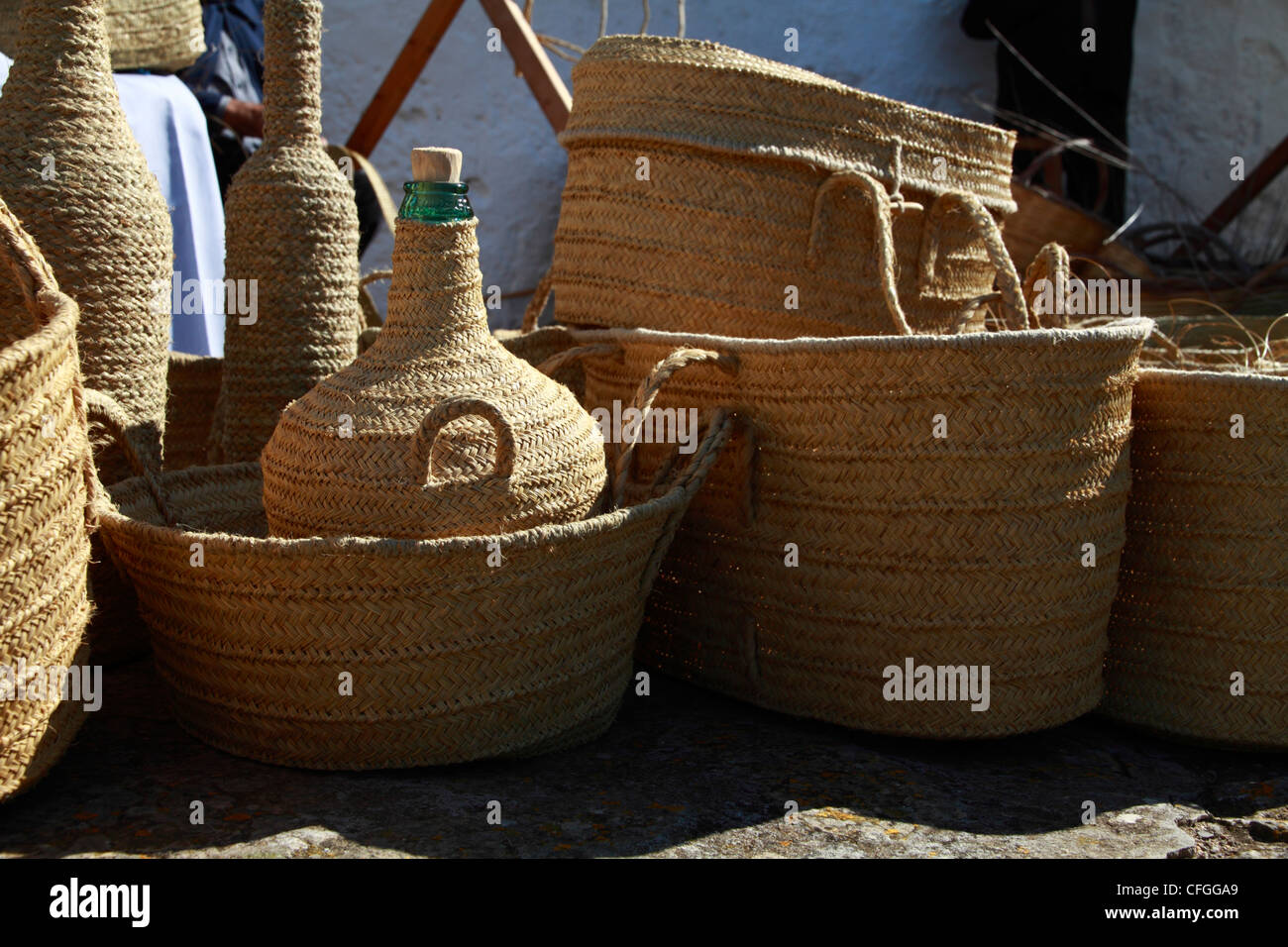 Hand made baskets at a handicraft fair, Ibiza, Spain Stock Photo