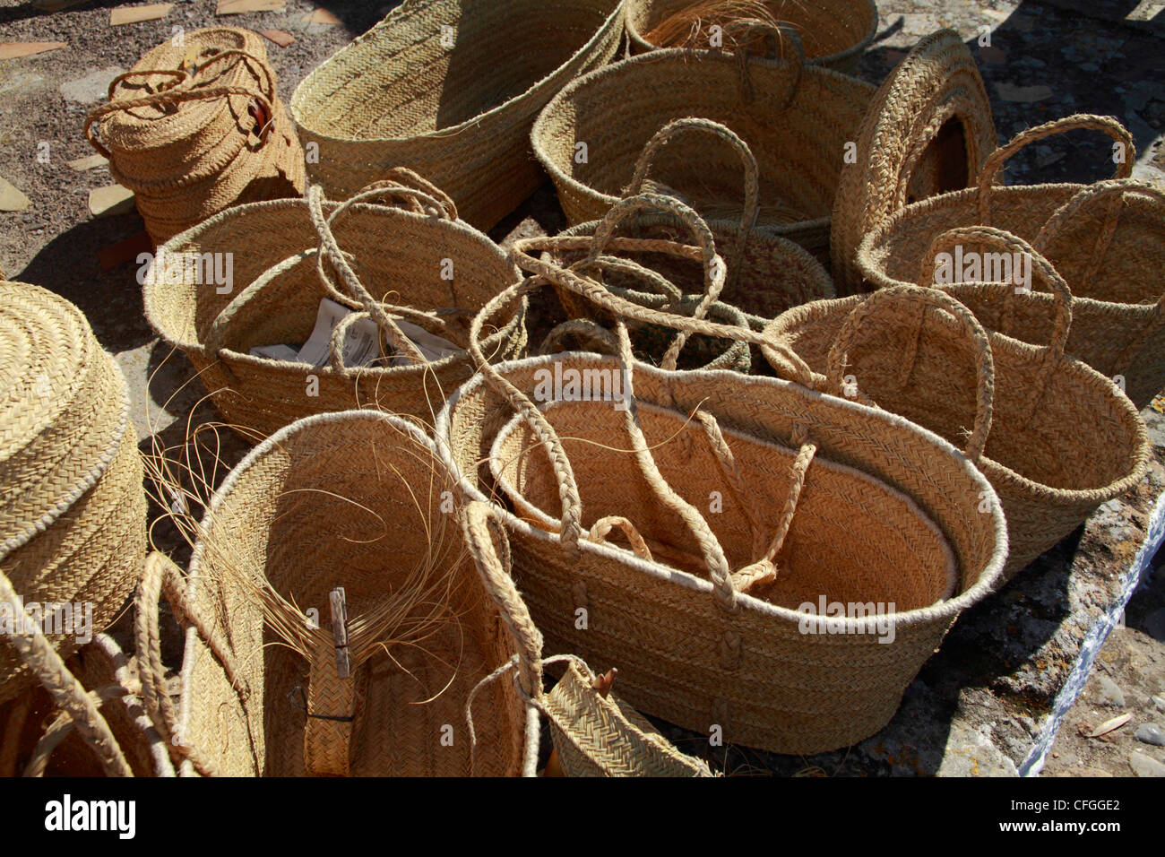 Hand made baskets at a handicraft fair, Ibiza, Spain Stock Photo