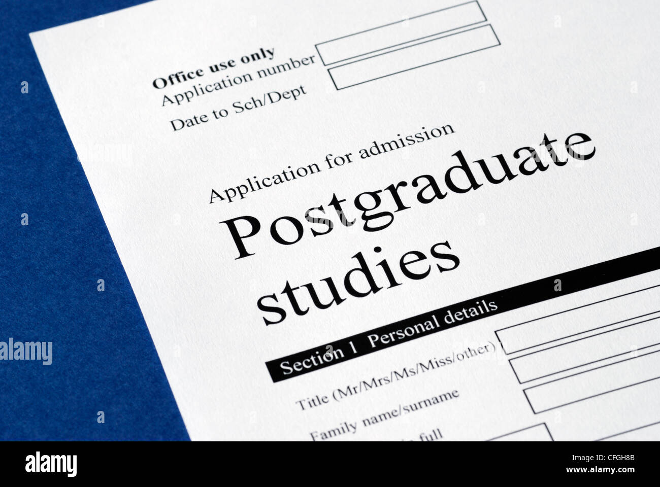 Postgraduate studies application form Stock Photo