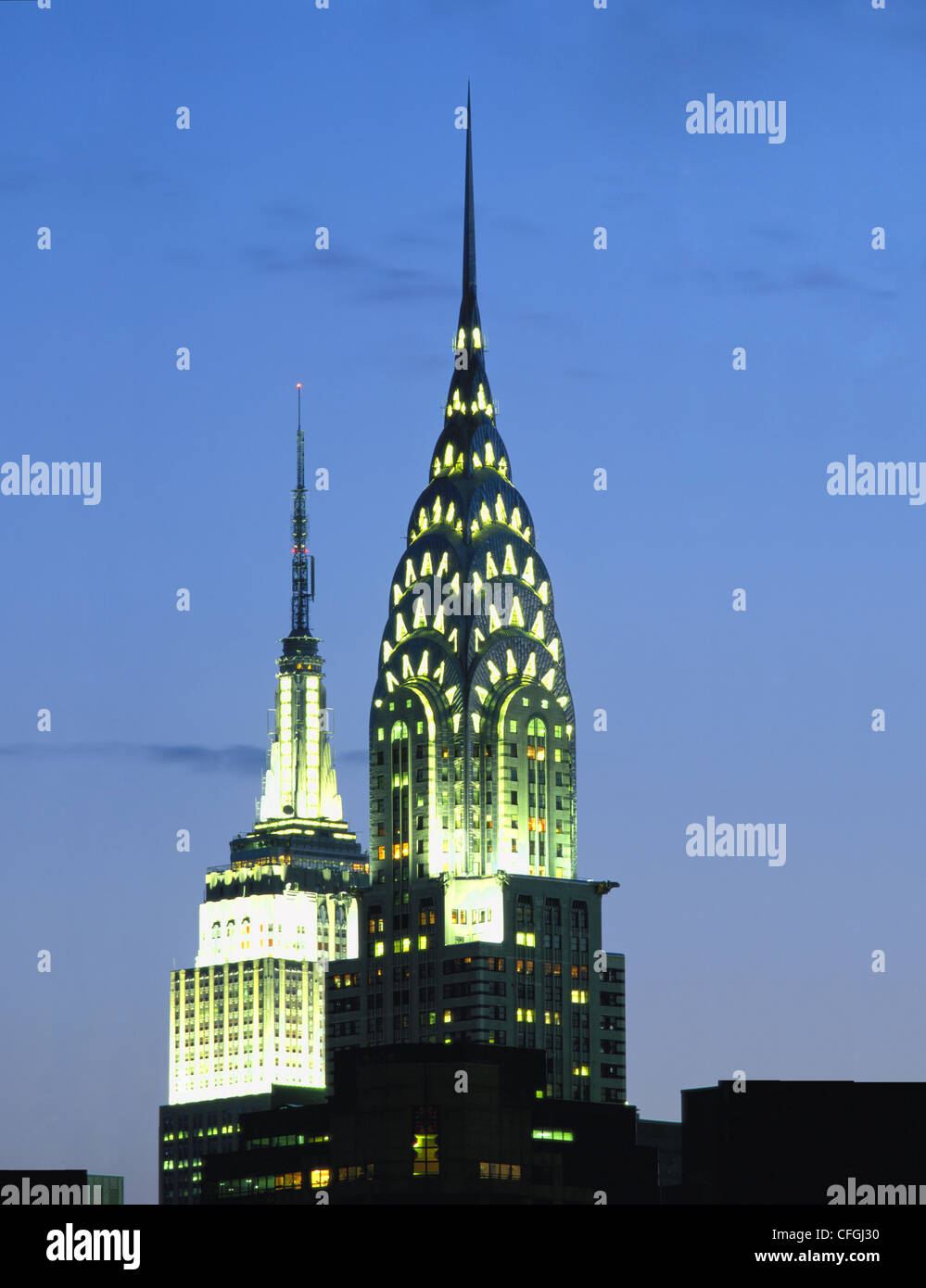 CHRYSLER AND EMPIRE STATE BUILDINGS AT NIGHT, NEW YORK, USA. Stock Photo