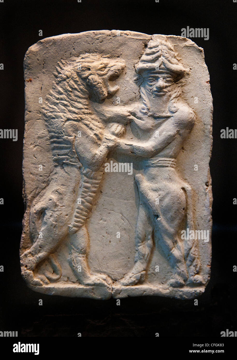 fighting a lion and a bull man Mesopotamia half 2 Second millennium 1500 BC Iraq Stock Photo