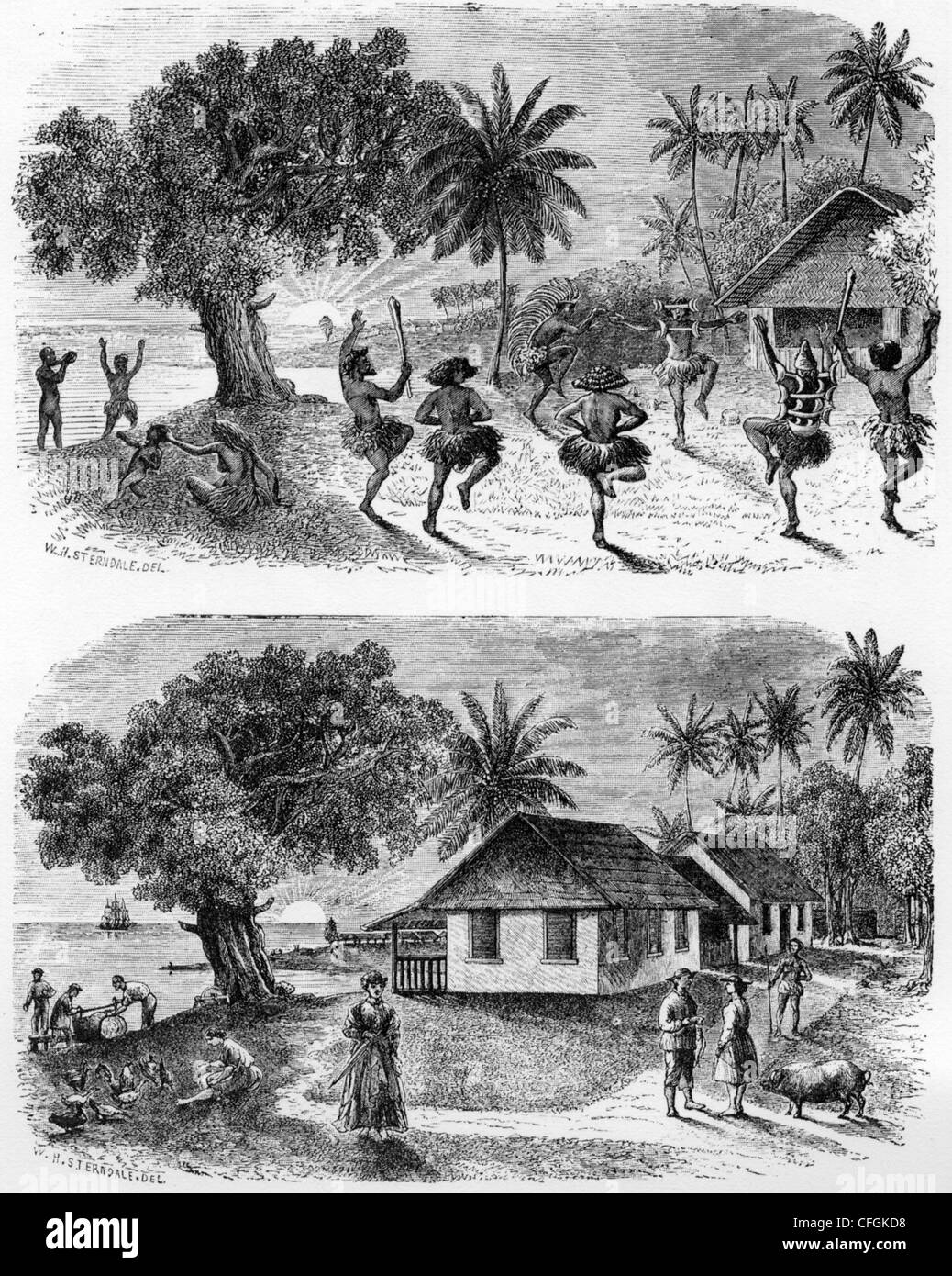 CHRISTIANITY transforms a village in the Cook Islands according to this 1870s illustration Stock Photo