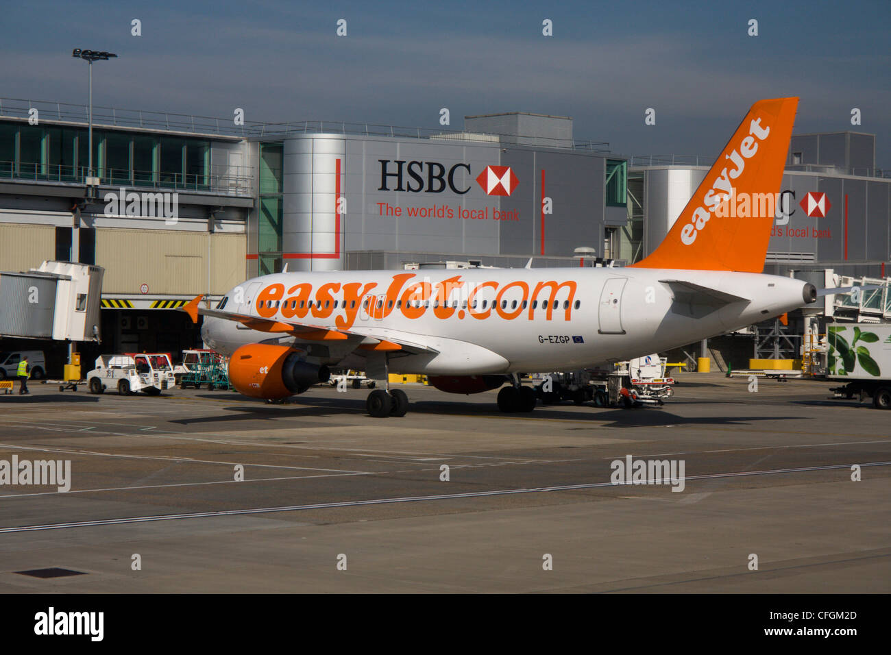 easyjet plane at departure gate london gatwick airport terminal buildings west sussex england uk