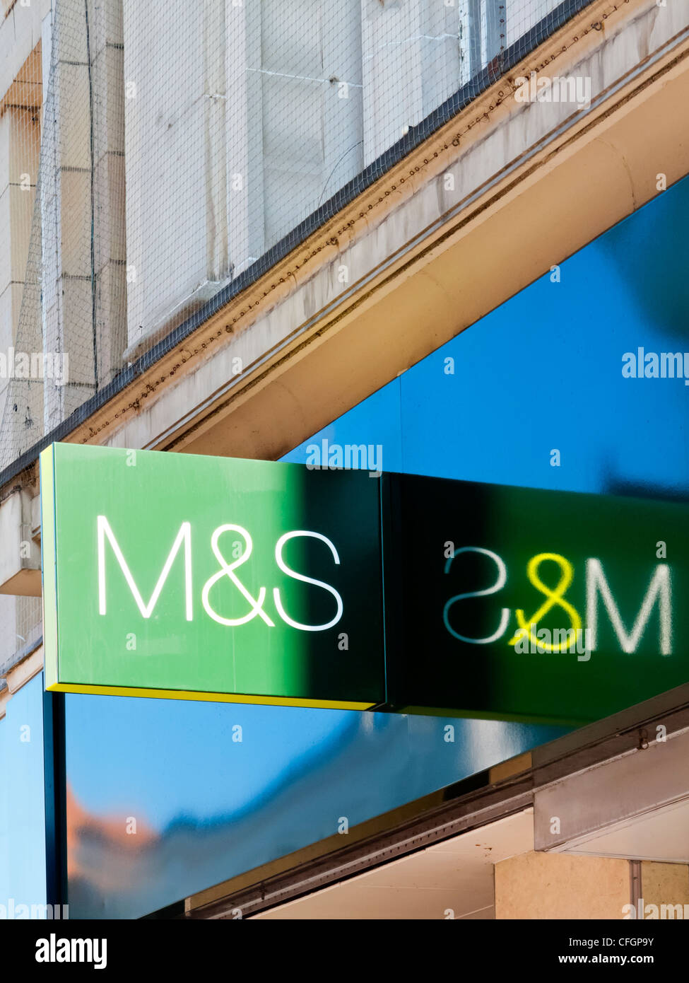 Marks and Spencer M&S sign outside a shop in Leicester city centre