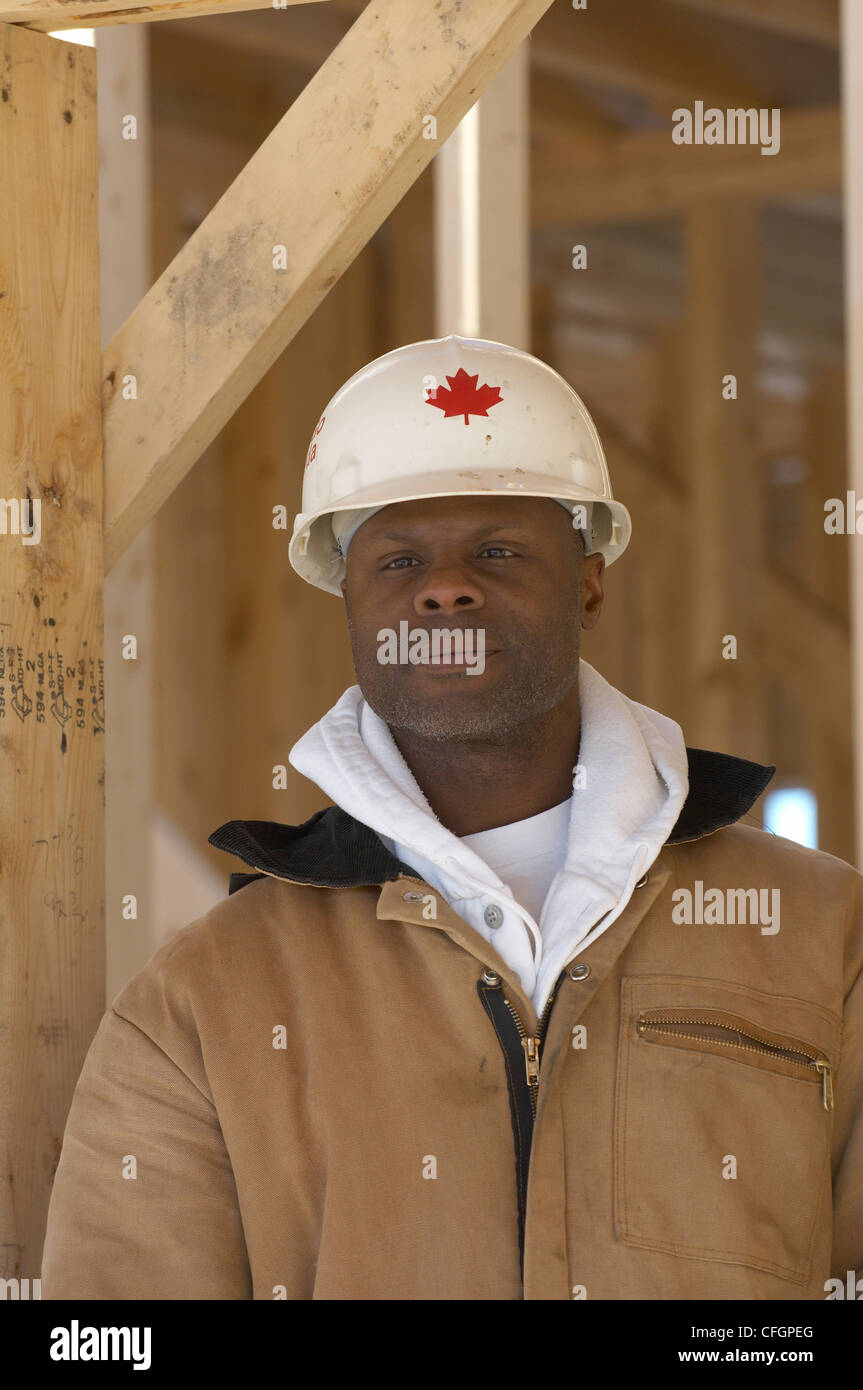 Construction Worker at New Housing Development, Ajax, Ontario Stock Photo